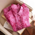 Spring Pink Floral Chiffon Blouse Women Collar Top Single Breasted Elegant Shirts