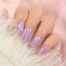 Nails with iridescent pink and purple design on a soft pink background, Obroi
