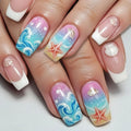 Nails with ocean-themed design featuring shells, starfish, and waves on a light background, Obroi
