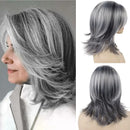 Wigs for Women Long Hair Old Lady Wig Layered Hair with Curtain Bangs Mix Grey Color Natural Wigs