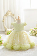 A pale yellow-green toddler girl's party dress with a beaded bodice, short puff sleeves, and a tiered tulle skirt with ruffled trim, displayed in a styled room setting with a mirror and flowers, Obroi