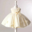 A cream-colored toddler party dress displayed on a white mannequin dress form. The sleeveless dress features a gathered bodice, a matching waist ribbon with a bow, and a voluminous tulle skirt decorated with fabric flowers, Obroi