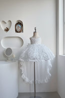 Long Trailing Girl's Clothing Princess Dress Sequin Tulle Girl Wedding Dress Kids Baby Backless Ball Gown