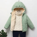 Green puffer jacket with fur lining on a white background, Obroi
