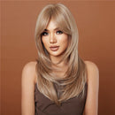 Long Blonde Layered Wigs With Curtain Bangs Light Blonde Straight Wig Natural Women Wavy Hair Daily Party