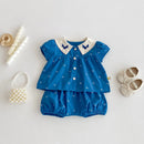 Summer baby girls floral embroidery ruffled collar bubble set retro top and shorts set