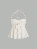 Women Summer Casual Lace Textured Short Halter Neck Lace Up Vest Top