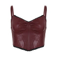 Maroon leather corset top with thin straps on a white background, Obroi
