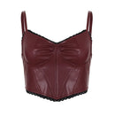 Maroon leather corset top with thin straps on a white background, Obroi