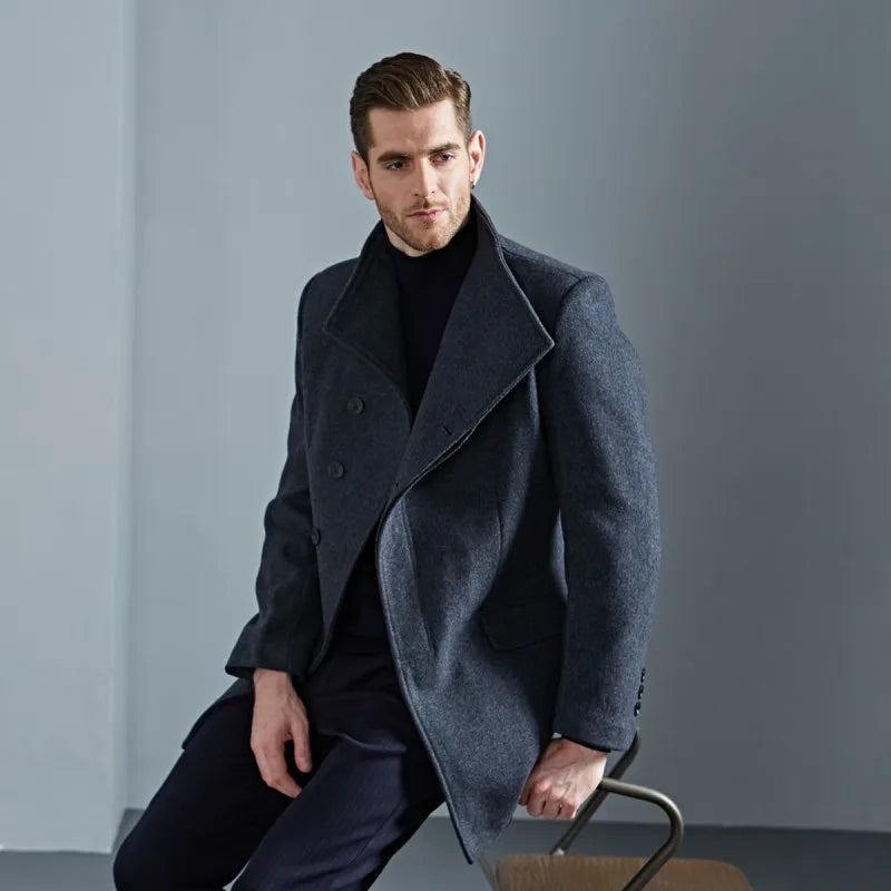 Autumn and Winter Trench Coat Men's Casual Slim Wool Men Lapel Medium Long Trench Coat