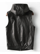 Spring Autumn Luxury Elegant Cool Leather Vest for Men with Hood Zipper Jacket