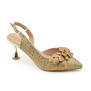 Gold high-heeled shoe with floral design on a white background, Obroi
