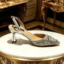 Women Shiny Silver Slingback Heel Matching Bag Set Sparkly Rhinestone Embellished Pumps