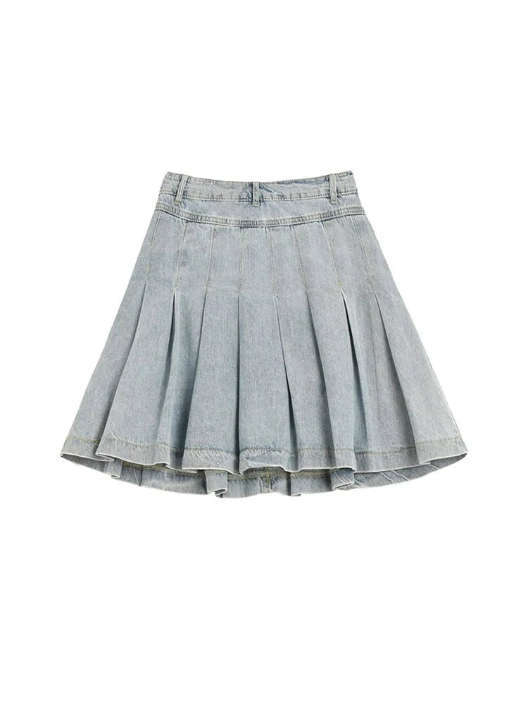 Denim Mini Skirt Women Vintage Denim Button Pleated Skirts Female