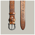 Brown leather belt with intricate designs on a light gray background, Obroi