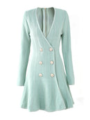 Designer Women's V-neck Double Breasted Knitted Long Sleeve Dress