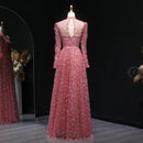 Pink lace evening gown on a mannequin against a dark background, Obroi