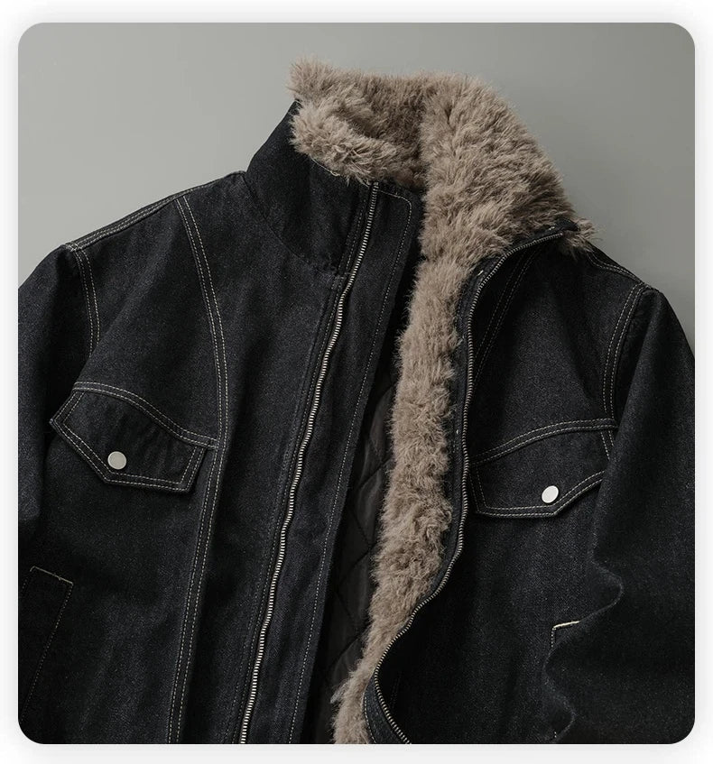 Winter retro stand-up collar velvet denim jacket men's heavyweight thickened warm jacket