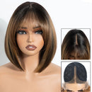 10 Inch Straight Lace Front Wig With Bangs Short Bob Wigs For Women Ombre Brown
