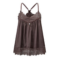 A dark brown lace and mesh camisole nightgown with thin adjustable shoulder straps, a lace-trimmed V-neckline, and a scalloped lace hem, shown against a plain white background, Obroi