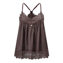A dark brown lace and mesh camisole nightgown with thin adjustable shoulder straps, a lace-trimmed V-neckline, and a scalloped lace hem, shown against a plain white background, Obroi