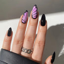 Long Almond Gradient Purple Nails Tips Polka Dot Butterfly Design Black Nail Art Detachable Press on Nails Sets