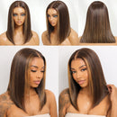 Lace Ombre Brown Left Side Part Straight Bob Wig With Blowout Bangs Drawstring Glueless Wig