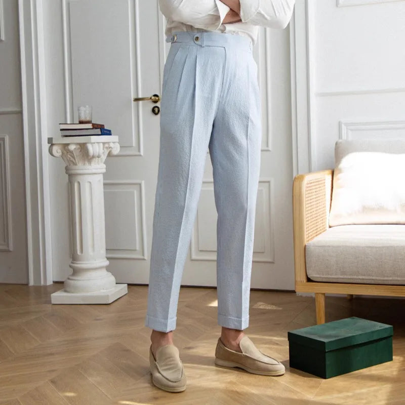 Striped Men Suit Pants Spring Summer Thin Italian Straight Casual Trousers Blue Trousers