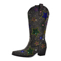 Women Rhinestone Mid-Calf Boots Glitter Bling Shiny Western Pointed Toe Block Heel Pull-On Booties