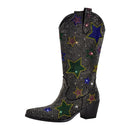 Women Rhinestone Mid-Calf Boots Glitter Bling Shiny Western Pointed Toe Block Heel Pull-On Booties