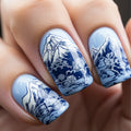 24pcs Blue Square Press on Nails Landscape Nail Tips for Girl Women Wearable False Nails