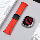 Smartwatch with a red strap on a light gray surface, Obroi