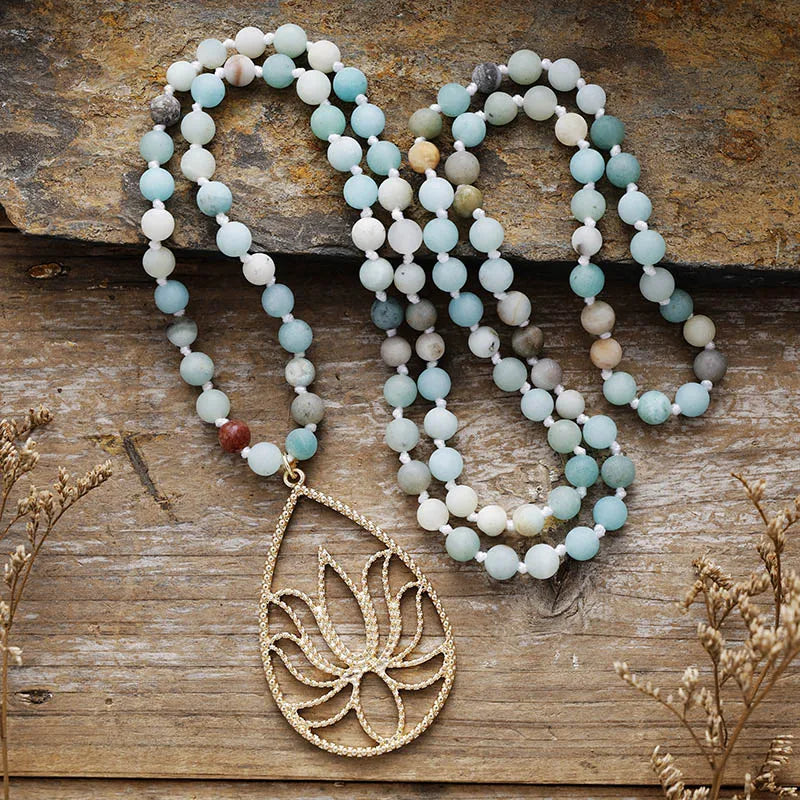 Boho 6mm Natural Stones Beads Healing Crystal Lotus Pendant Necklaces Meditation Yoga Necklace Jewelry