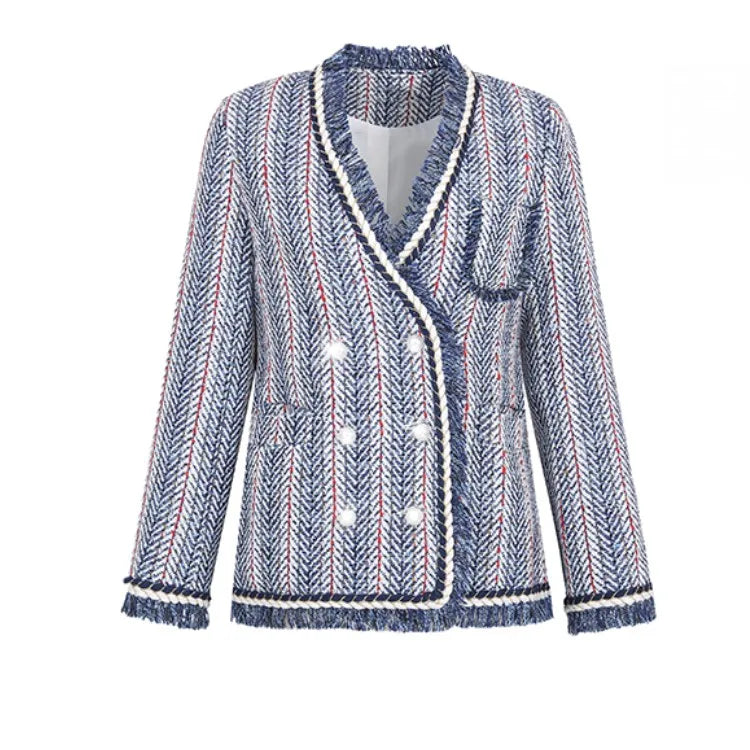 Women Temperament Elegant Pearl Double breasted Wool Tweed Jacket Coat Female Tassels Basic Outerwear