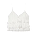 White ruffled camisole top with thin spaghetti straps, a V-neckline, and delicate lace trim, shown against a plain white background, Obroi