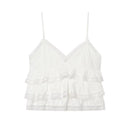 White ruffled camisole top with thin spaghetti straps, a V-neckline, and delicate lace trim, shown against a plain white background, Obroi