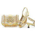 Elegant Women's Peep-Toe Heels and Matching Gold Color Diamond Pumps Set - Shoes and Bags