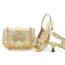 Elegant Women's Peep-Toe Heels and Matching Gold Color Diamond Pumps Set - Shoes and Bags