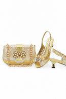 Elegant Women's Peep-Toe Heels and Matching Gold Color Diamond Pumps Set - Shoes and Bags