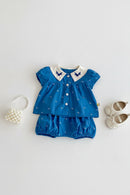 Summer baby girls floral embroidery ruffled collar bubble set retro top and shorts set