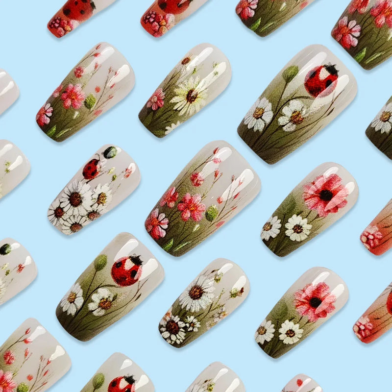 24pcs Spring Flowers False Nails Wearable Detachabe Square Press on Nails for Girls