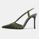 Green high-heeled shoe with a slingback design on a white background, Obroi