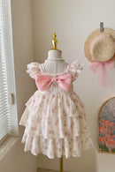 Cute Girls Cake Dress with Big Bow Floral Dress Birthday Princess Wear Summer Clothing 1-6 Years Kids Girl