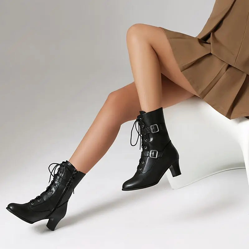 Female Boots Round Toe Block Heels 5cm Zipper Lace Up Belt Buckle Casual Mid Calf