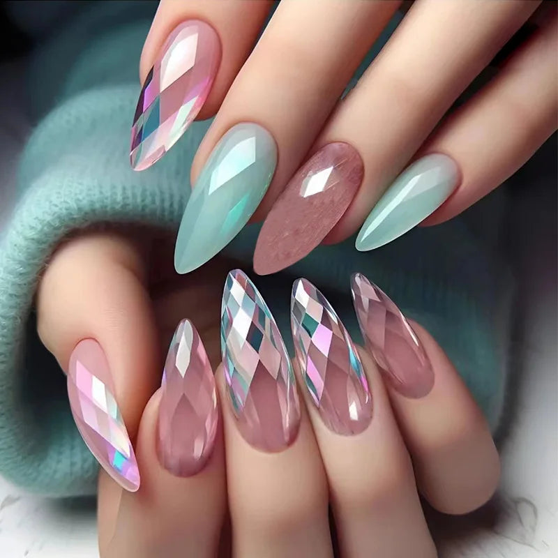 24pcs Purple Crystal Decor False Nails Irregular Crystal Almond Press on Nails Wearable Detachable Ins
