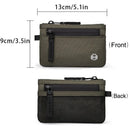 Green wallet with measurements and front/back labels on a white background, Obroi