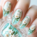 24pcs Fresh Summer Day Nails Long Almond Designs Press On Nails Blue Ocean French Sweet Nail Tip