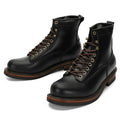 Pair of black leather boots with brown laces on a white background, featuring a brand logo in the corner, Obroi