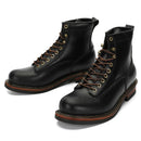 Pair of black leather boots with brown laces on a white background, featuring a brand logo in the corner, Obroi