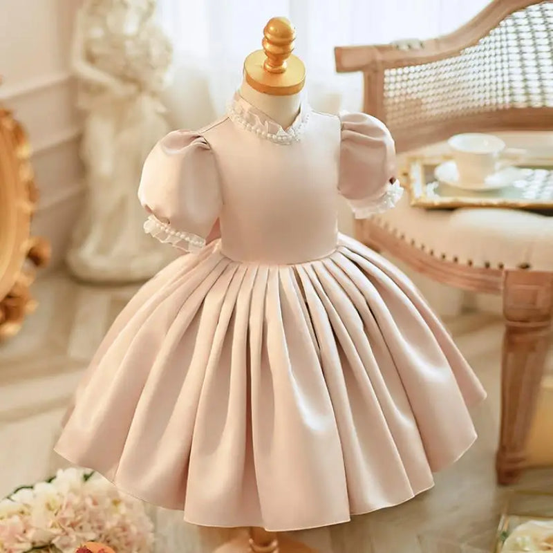 Children's Princess Ball Gown Bow Pearls Puff Sleeve Design Wedding Birthday Baptism Party Girls Dresses